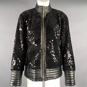 NEIMAN MARCUS Size M Black Polyester Embossed Zip Up Jacket Outdoor